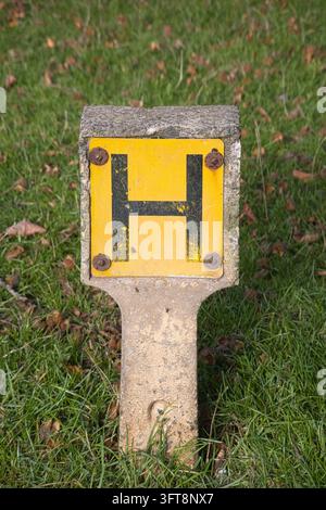 Poteau marqueur d'hydrant de feu en béton jaune en forme de H debout sur une pelouse en automne. Banque D'Images