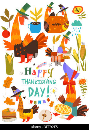 Joli ensemble de Thanksgiving composé de dindes amusantes et de récolte Illustration de Vecteur
