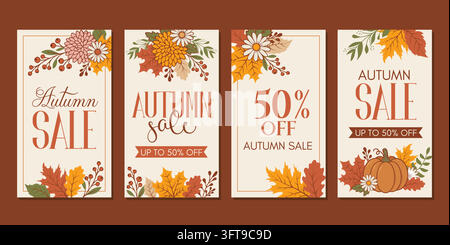 Ensemble de modèles de stories et bannières pour les réseaux sociaux pour les soldes d'automne. Illustration de Vecteur
