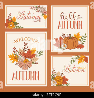 Set de cartes de vœux florales Bonjour l'Automne. Illustration de Vecteur