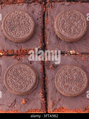 Prise de vue rapprochée par-dessus des carrés de brownie brun foncé et riches, garnis de biscuits sandwich au chocolat gaufrés. Le dessert décadent et fondant met en valeur Ri Banque D'Images