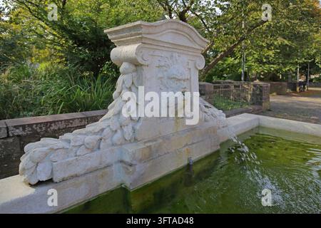Fontaine aux lions créée en 1900 par le sculpteur Adolf von Hildebrand, ancienne fontaine du marché avec figure de lion blanc, tête de lion, relief, gargouille, eau ba Banque D'Images