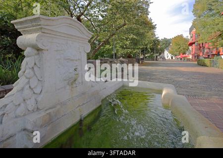 Fontaine aux lions créée en 1900 par le sculpteur Adolf von Hildebrand, ancienne fontaine du marché avec figure de lion blanc, tête de lion, relief, gargouille, eau ba Banque D'Images