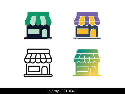 Ensemble d'icônes de devantures de magasins de détail et de petits bâtiments de boutiques avec auvents rayés, vitrines et doubles portes. Parfait pour les applications de commerces locaux Illustration de Vecteur