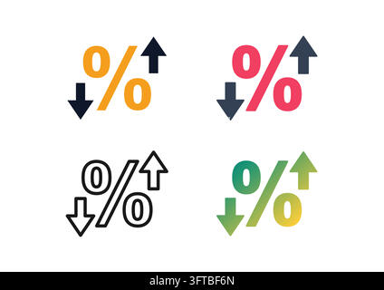 Ensemble d'icônes de taux de pourcentage avec des flèches montantes et descendantes représentant les fluctuations du marché, les changements de taux d'intérêt, les mesures d'inflation et les échanges boursiers Illustration de Vecteur