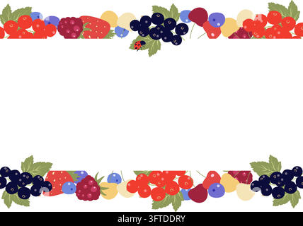 Conception de bordure horizontale sans couture mettant en vedette des baies d'été sucrées réalistes : framboise, fraise, cerise sucrée, myrtille, groseille rouge et noire. Modèle de cadre supérieur et inférieur avec espace de copie pour Illustration de Vecteur