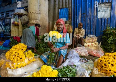 Homme en chemise bleue et foulard rouge assis avec des fleurs jaunes fraîches tandis qu'un autre vendeur se repose au marché aux fleurs, Bengale occidentale, Kolkata, Inde Banque D'Images