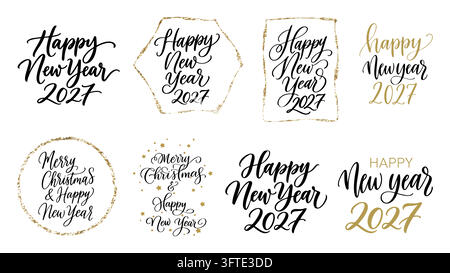Ensemble de lettrage « Happy New Year 2027 » et « Merry Christmas » avec calligraphie noire et dorée, cadres géométriques et étoiles. Collection de typographie de vacances. Illustration de Vecteur