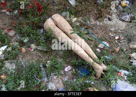 Jambes de mannequin blanches abandonnées sur de l'herbe parsemée de déchets en plastique et de petites tasses en argile à côté d'une route, Bengale occidentale, Kolkata, Inde Banque D'Images
