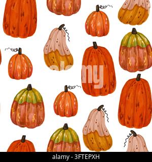 Motif sans joint aquarellé dessiné à la main mettant en scène divers citrouilles d'automne chaleureuses sur fond blanc, adapté pour Thanksgiving, le branding de festivals d'automne, décoration de récolte Banque D'Images