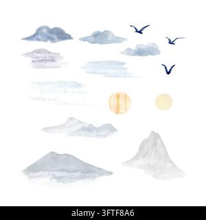 Montagnes, nuages, oiseaux volants et soleils dorés collectionnés dans une technique d'aquarelle peinte à la main pour l'art mural, les affiches, les impressions, les invitations, les cartes Banque D'Images
