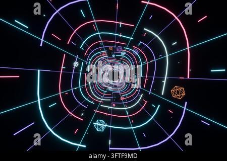 Illustration 3D d'un tunnel néon avec des lignes lumineuses et des formes en fil de fer Banque D'Images