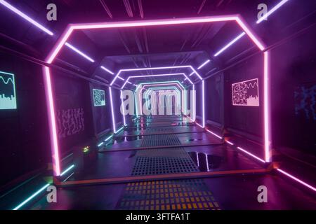 Illustration 3D d'un tunnel cyberpunk avec des lumières néon roses et cyan Banque D'Images
