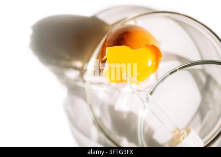 Ampoule à incandescence cassée révélant un filament orange lumineux et l'intérieur exposé, entouré de verre transparent incurvé contre un fond blanc brillant Banque D'Images