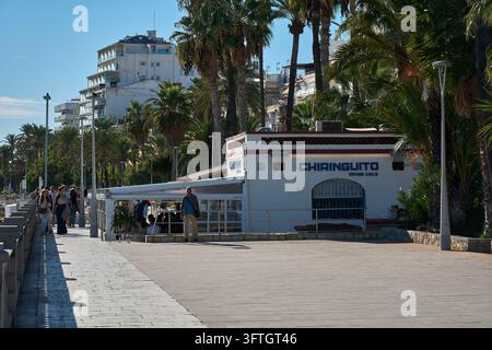 Sitges, Espagne - 10 octobre 2026 : Vue large d'une promenade maritime avec des palmiers, des bâtiments extérieurs et des gens se promenant le long de la côte. Banque D'Images