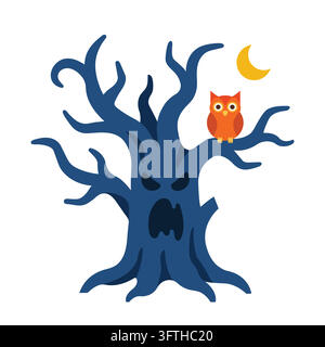 Illustration vectorielle d'un arbre d'Halloween effrayant avec un visage terrifiant, une chouette orange et une lune croissante sur fond blanc isolé Illustration de Vecteur