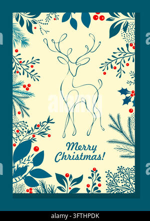 Carte de Noël. Renne de Noël dessin à la main. Pas d'IA. Illustration vectorielle Illustration de Vecteur