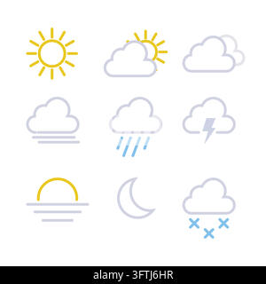 Collection d'icônes météorologiques minimalistes en contour montrant le soleil, les nuages, la pluie, les éclairs, la lune, le brouillard, le coucher de soleil et la neige pour la conception d'applications web et mobiles de prévisions météorologiques. Illustration de Vecteur