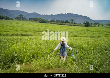 Femme portant un chapeau de paille et une salopette en jean marchant dans un champ d'herbe verte avec des collines sous un ciel nuageux, Nghia Dan, Nghe An, Vietnam Banque D'Images
