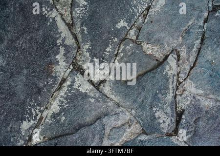 Grossissement d'une surface de pierre grise érodée avec des fissures irrégulières, des bords rugueux et une décoloration minérale naturelle. Banque D'Images