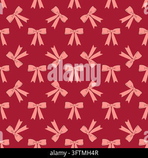 Motif sans couture avec des nœuds roses dessinés à la main sur un fond rouge. Impression de style coquette décorative pour emballage cadeau et design textile. Papier cadeau festif, Saint-Valentin, Noël et décoration de fête Illustration de Vecteur