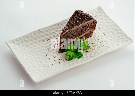 Tranche de gâteau au chocolat gourmet avec de la menthe sur une assiette blanche Banque D'Images