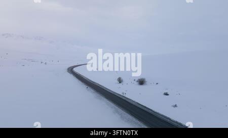 Une vue élevée montre un chemin pavé tranquille traçant des courbes à travers des montagnes enneigées au col d'Ala-Bel, région de Naryn, au Kirghizistan, sous un Wi atténué Banque D'Images