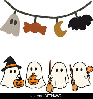 Joli ensemble fantôme d'Halloween bannière guirlande Trick Or Treat clipart Illustration de Vecteur