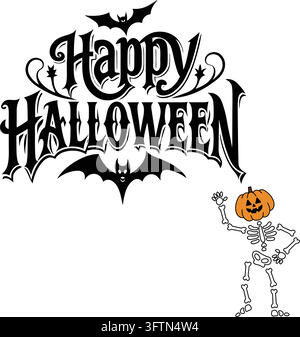 Lettrage Joyeux Halloween Chauves-souris Citrouille Squelette Cliparts Vintage Illustration de Vecteur