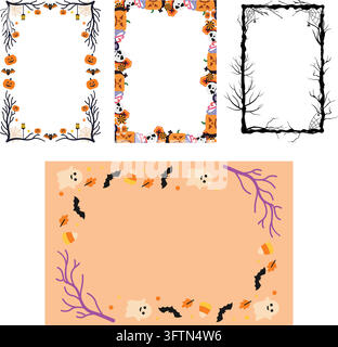 Ensemble de cadres pour histoires d'Halloween Feuilles d'automne Citrouille Fantôme Bordures Cartes Illustration de Vecteur