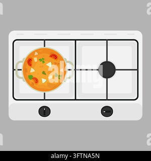 Cuisson de soupe de légumes dans une casserole sur un plan de travail de cuisine blanc, vue de dessus. Concept de cuisine domestique Illustration de Vecteur