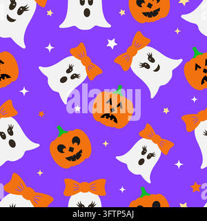 Motif sans fin Halloween avec de mignons fantômes de dessin animé et des citrouilles sculptées. Fond vectoriel pour le scrapbooking, le tissu, les textiles, le papier cadeau, etc. Illustration de Vecteur