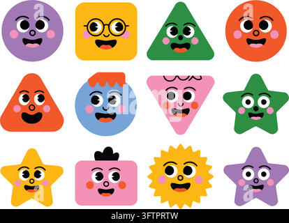 Visages géométriques de dessin animé colorés avec des expressions joyeuses dans des formes enjouées Illustration de Vecteur