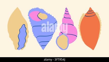 Collection de coquillages dessinés à la main colorés dans des couleurs dopamines ludiques avec des formes audacieuses et des contours contrastés. Idéal pour le branding estival, packa côtier Illustration de Vecteur