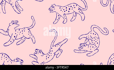 Mignons chats dessinés à la main Motif d'art linéaire sans couture sur fond rose Illustration de Vecteur