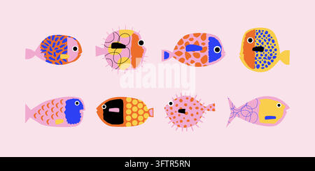 Ensemble d'illustrations de poissons tropicaux dans un style dopamique coloré Illustration de Vecteur