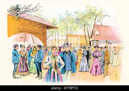 Les Souabes du Torontal en costume traditionnel hungaro-souabe se rassemblent dans une rue de village hongrois – célébrant la Kirchweih avec des tenues festives et. Banque D'Images