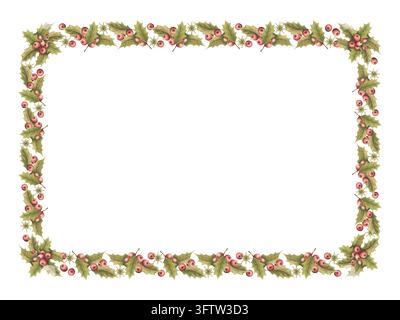 Cadre de houx aquarellé avec des baies rouges et des feuilles vertes. Bordure vintage de Noël entourant un fond vierge. Utilisation pour la conception de cartes postales et d'invitations. L'art graphique saisonnier convient aux cartes et à l'emballage. Banque D'Images