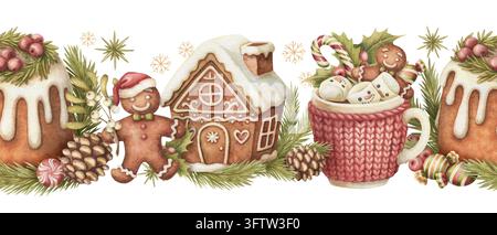 Bordure sans couture de Noël en aquarelle avec maison en pain d'épices et homme en biscuit. Illustration vintage d'hiver montrant une tasse tricotée et un gâteau. Motif festif et doux. Graphique traditionnel pour impression de vacances. Banque D'Images
