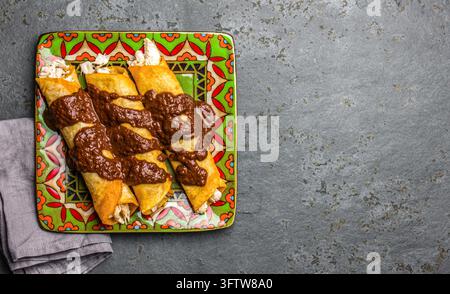 Cuisine mexicaine, enchiladas au poulet avec sauce au chocolat épicée mole poblano. Enchiladas avec sauce moole de Puebla, Mexique. Banque D'Images