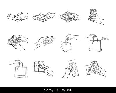 Un ensemble de dessins linéaires monochromes comprenant douze gestes de la main représentant diverses activités de paiement, de shopping et de gestion d'argent. Noir propre Illustration de Vecteur