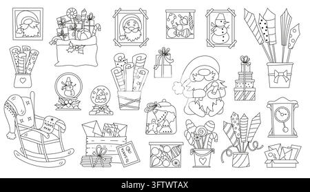Dessins au trait noir et blanc d'articles de fête attendant d'être peints Illustration de Vecteur