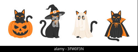 Ensemble de chats noirs d'Halloween en costumes, isolés sur un fond blanc. Illustration vectorielle plate Illustration de Vecteur
