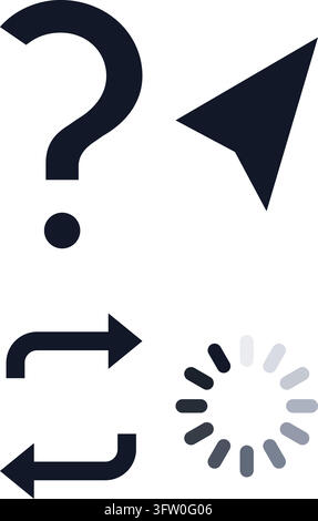 Ensemble d'icônes vectorielles bleu foncé comprenant un point d'interrogation, un curseur, des flèches de rafraîchissement et une animation de chargement sur fond blanc Illustration de Vecteur