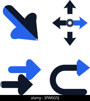 Ensemble de quatre icônes de flèche directionnelle bleues et noires pour les concepts de navigation et de mouvement Illustration de Vecteur