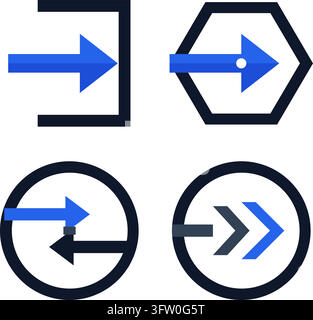 Ensemble de quatre icônes modernes de flèches bleues et noires dans des cadres carrés, hexagonaux et circulaires sur fond blanc Illustration de Vecteur