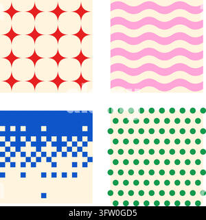 Ensemble de quatre motifs géométriques rétro incluant des étoiles, des vagues, des pixels et des points sur fond crème Illustration de Vecteur