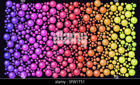 Illustration vectorielle de cercles brillants colorés, motif de bulles dégradées vibrantes sur fond noir, éléments et formes de conception artistique numérique Illustration de Vecteur
