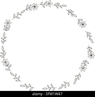 Illustration vectorielle d'une couronne florale dessinée à la main avec des feuilles et des fleurs simples en contour disposées en cercle, isolées sur fond blanc avec espace de copie Illustration de Vecteur