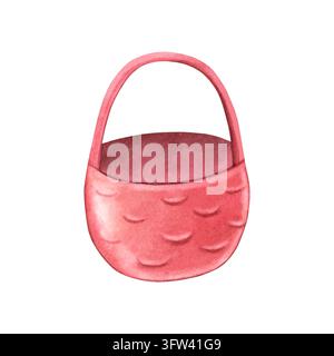 Panier rouge vide de style enfantin. Illustration aquarellée peinte à la main isolée sur blanc pour livres pour enfants, cartes de Pâques, emballages de fruits, loisirs créatifs Banque D'Images